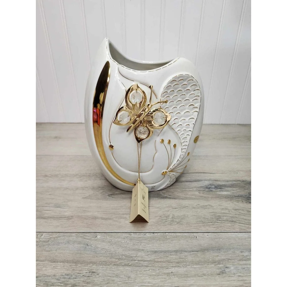 RARE Vintage 80s Italy Porcelain White Gold‎ Vase Butterfly Bruno Costenaro